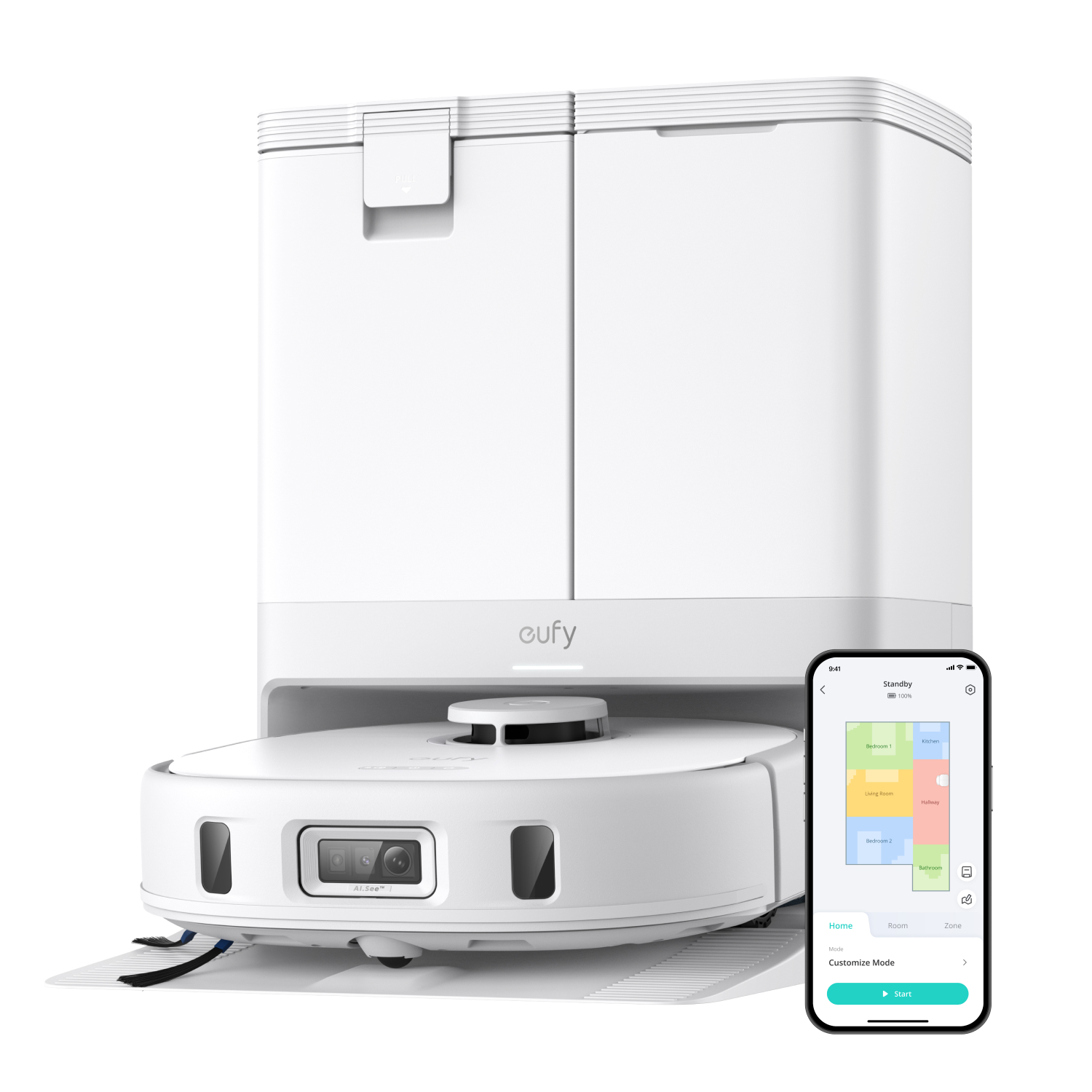 Aspirator robot eufy X10 Pro Omni, 8,000 Pa, Tehnologie MopMaster 2.0, Recipient de praf de 2.5L cu golire automata + uscarea mopului la 45°C, Rezervor de apa de 3L, Autonomie de 173 min, Evitare a obstacolelor cu AI, Alb