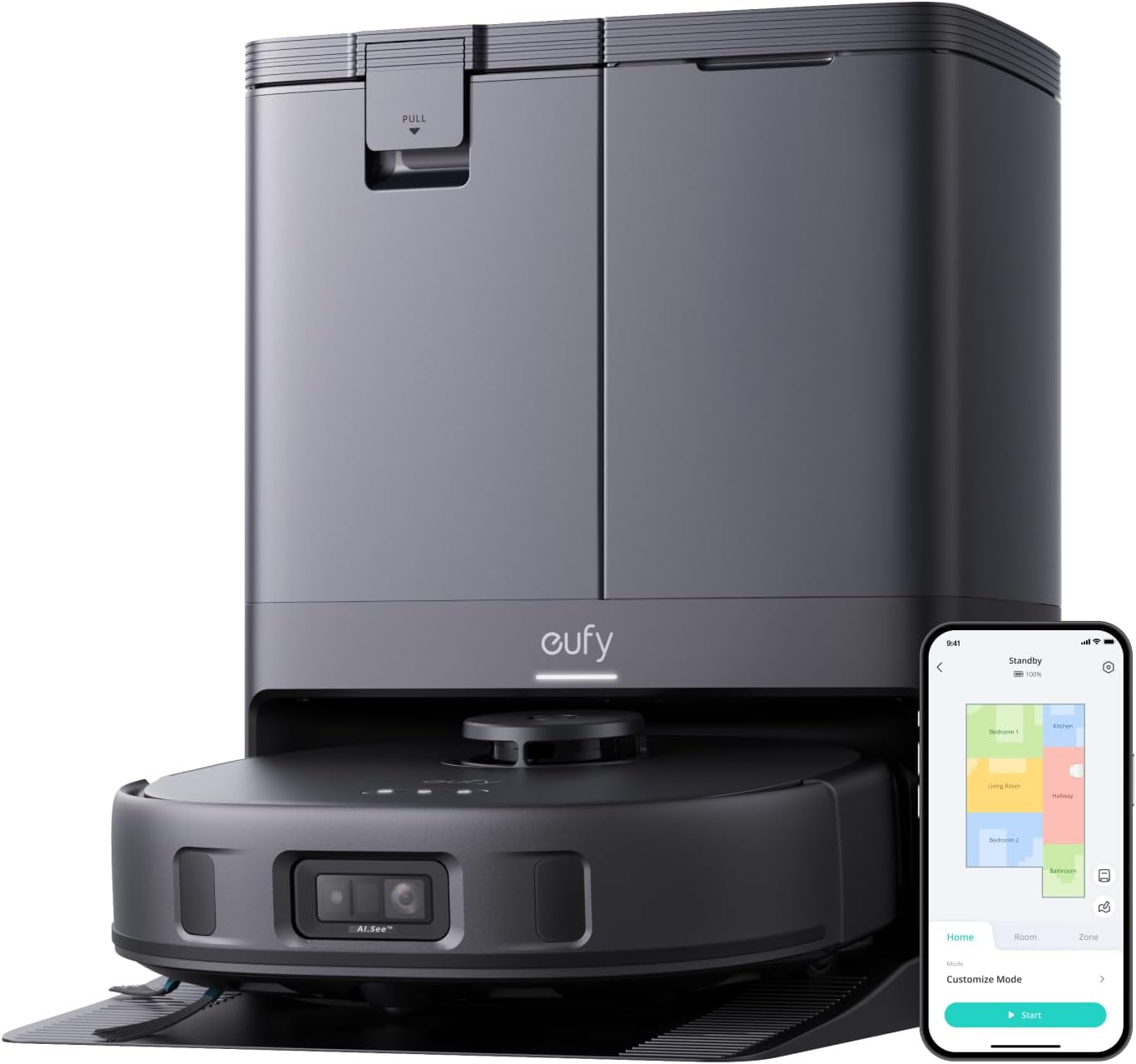 Aspirator robot eufy X10 Pro Omni, 8,000 Pa, Tehnologie MopMaster 2.0, Recipient de praf de 2.5L cu golire automata + uscarea mopului la 45°C, Rezervor de apa de 3L, Autonomie de 173 min, Evitare a obstacolelor cu AI, Negru