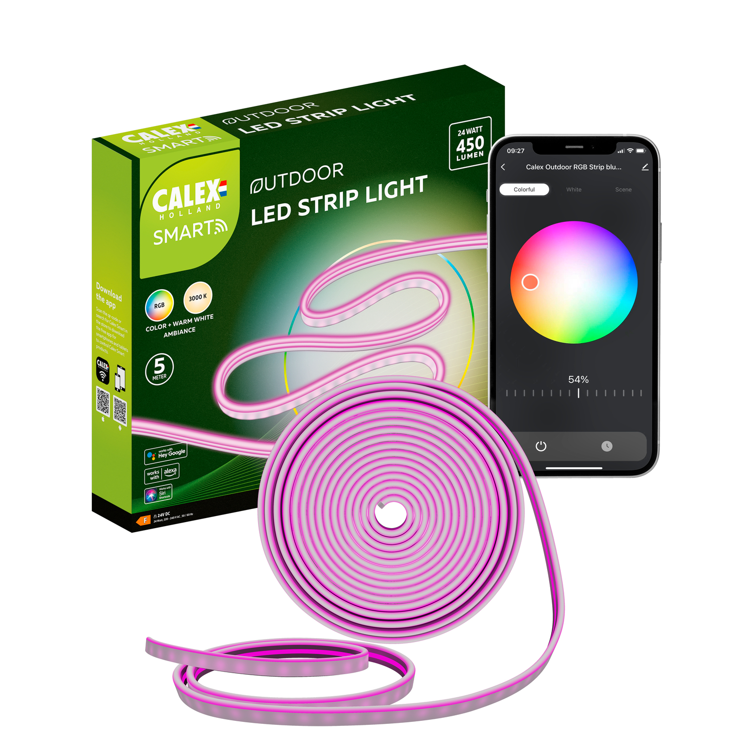 Banda LED inteligenta pentru gradina Calex Smart, 5m, RGB + alb cald, 24W, IP44, 450 lm, clasa F, Multicolor