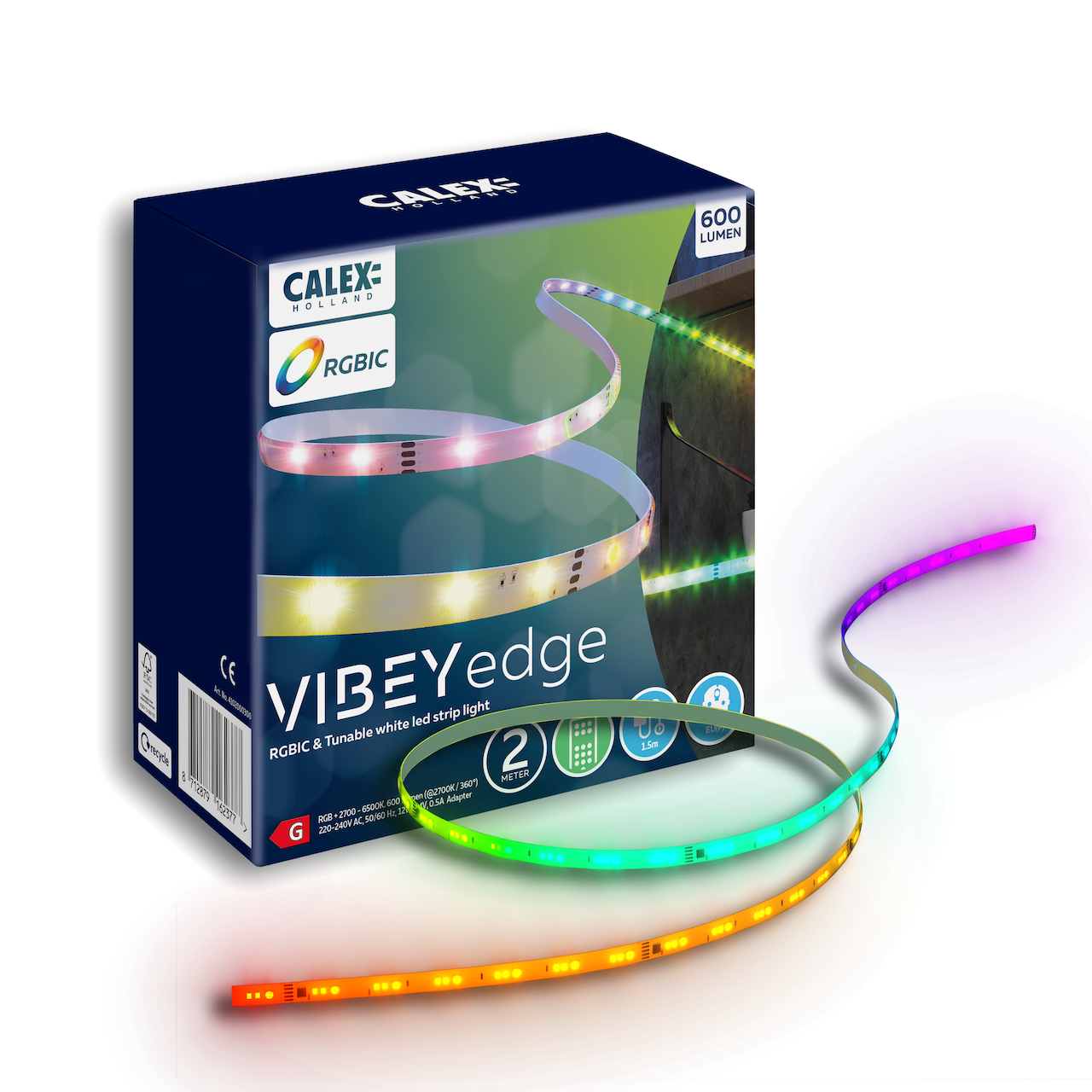 Banda LED Smart Calex Vibey RGBIC + CCT, 600 lumeni, 12W, sincronizare muzicala pentru interior, 2m