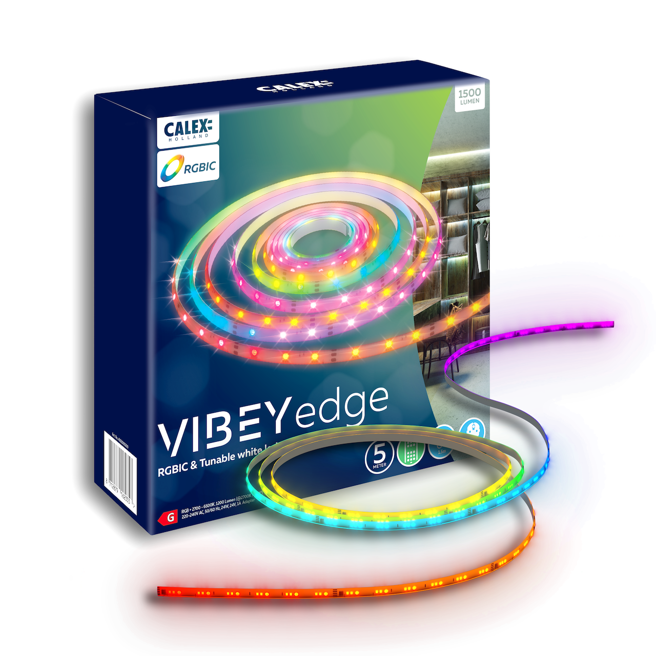 Banda LED Smart Calex Vibey RGBIC + CCT, 600 lumeni, 12W, sincronizare muzicala pentru interior, 5m