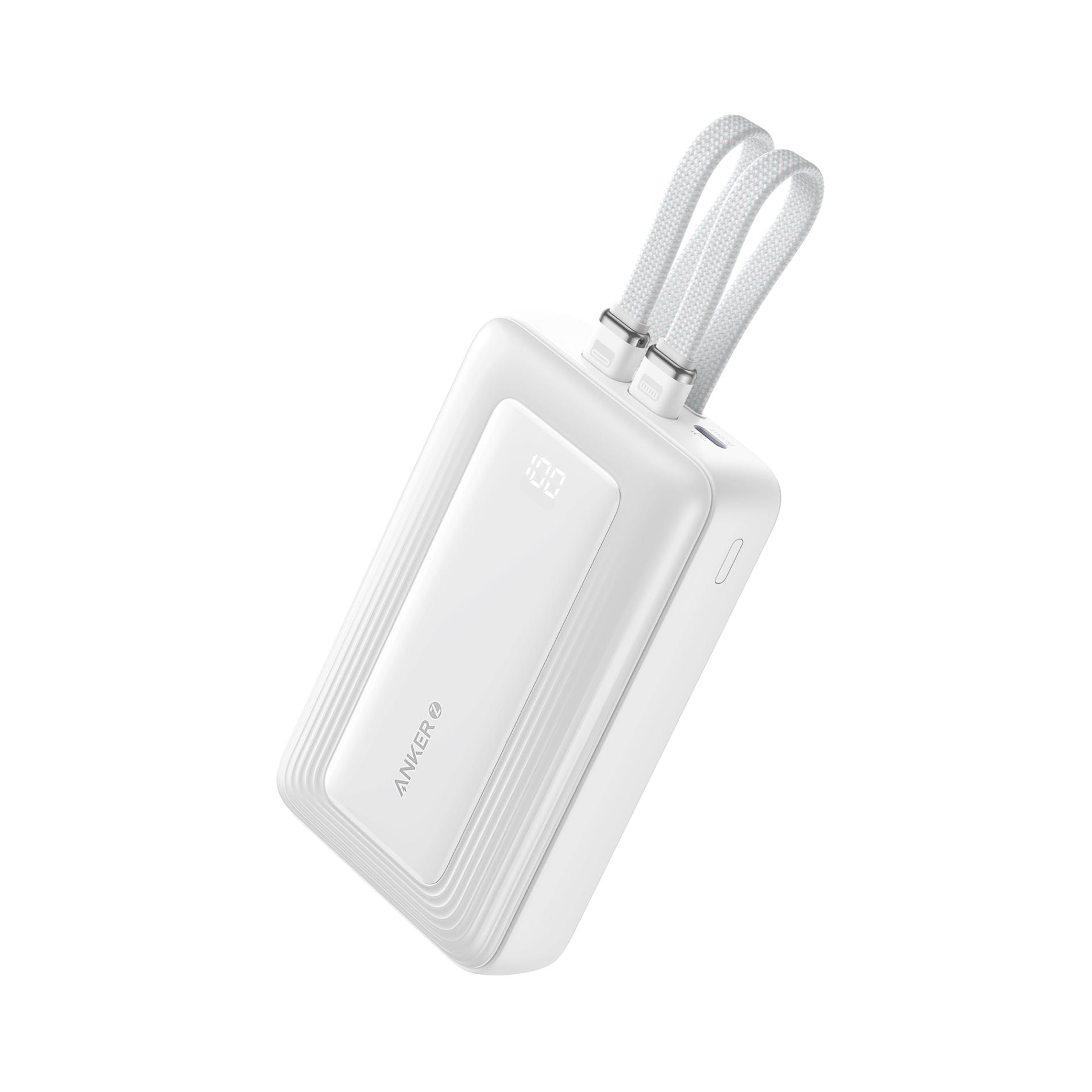Baterie externa Anker Zolo 20.000 mAh, 30W, cablu USB-C + Lightning incorporat, Alb