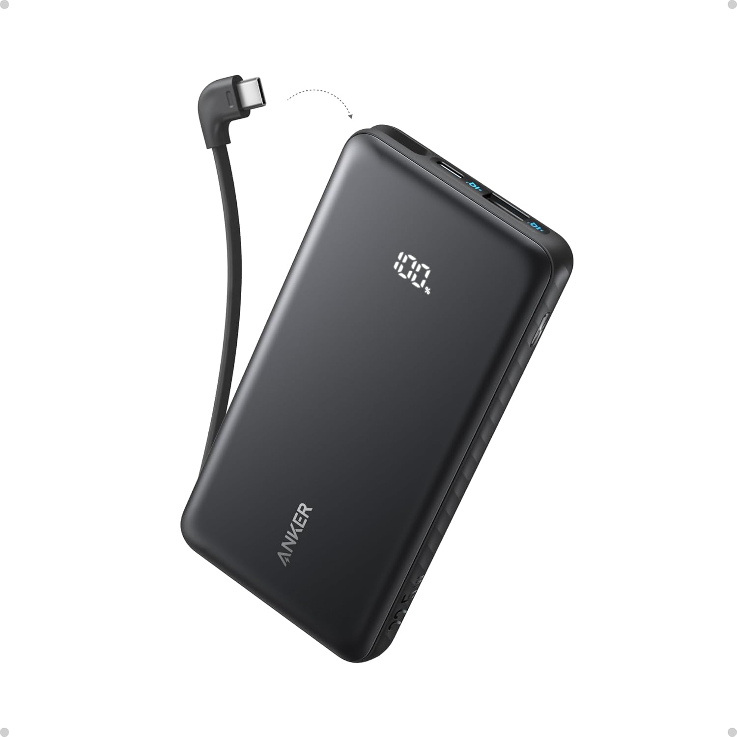 Baterie externa Anker Zolo 10.000 mAh, 22.5W, cu cablu USB-C inclus, Negru