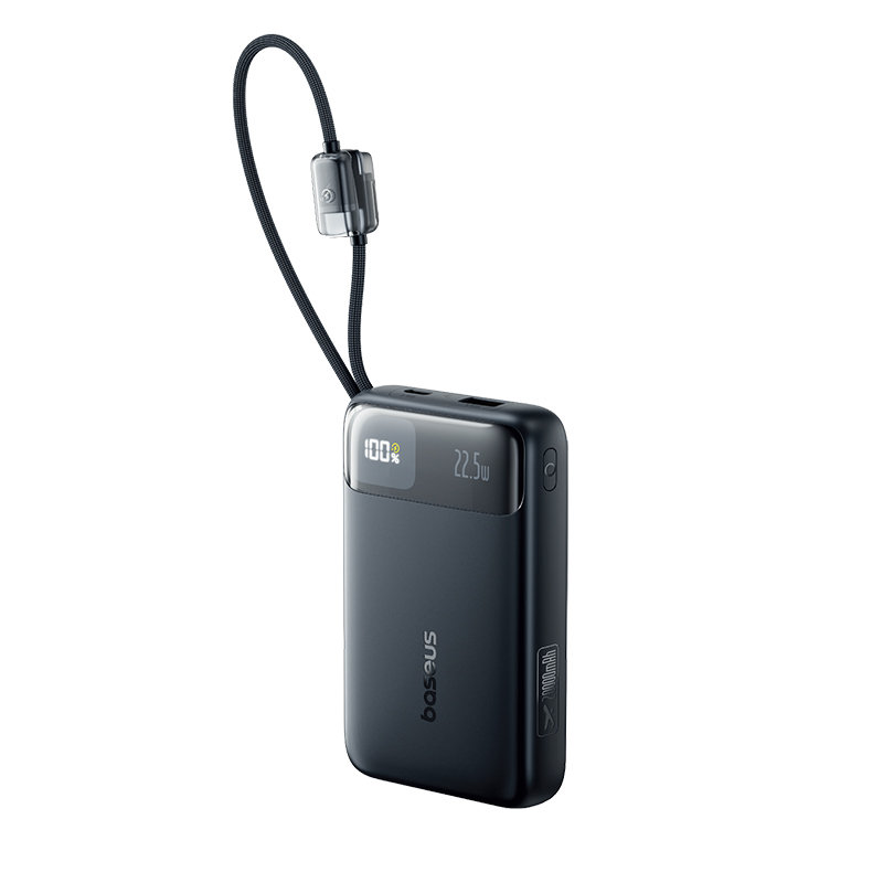 Baterie externa Baseus EnerFill FC11 20.000 mAh, 22.5W, Digital Display, cu cablu USB-C si Lightning integrat, Negru