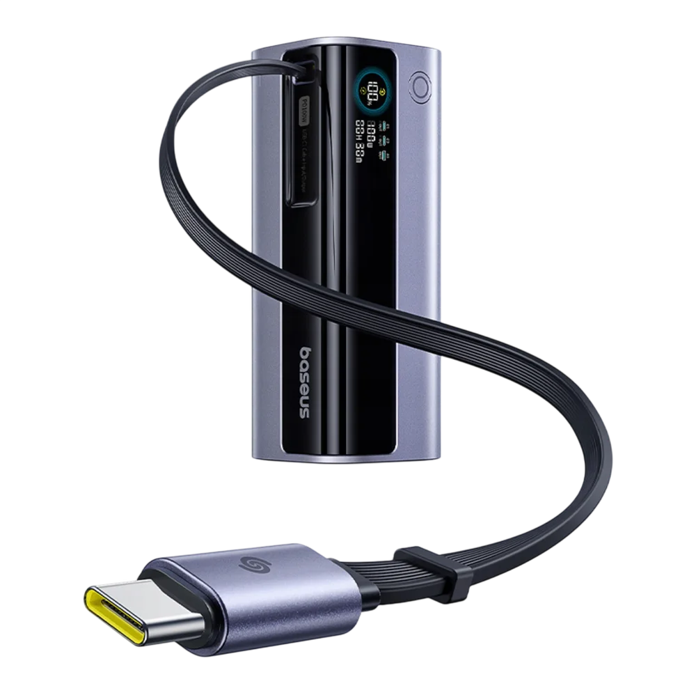 Baterie externa Baseus EnerGeek GR11 10.000 mAh, 1x USB, 2x USB-C, 100W, Display, Cablu integrat, Gri