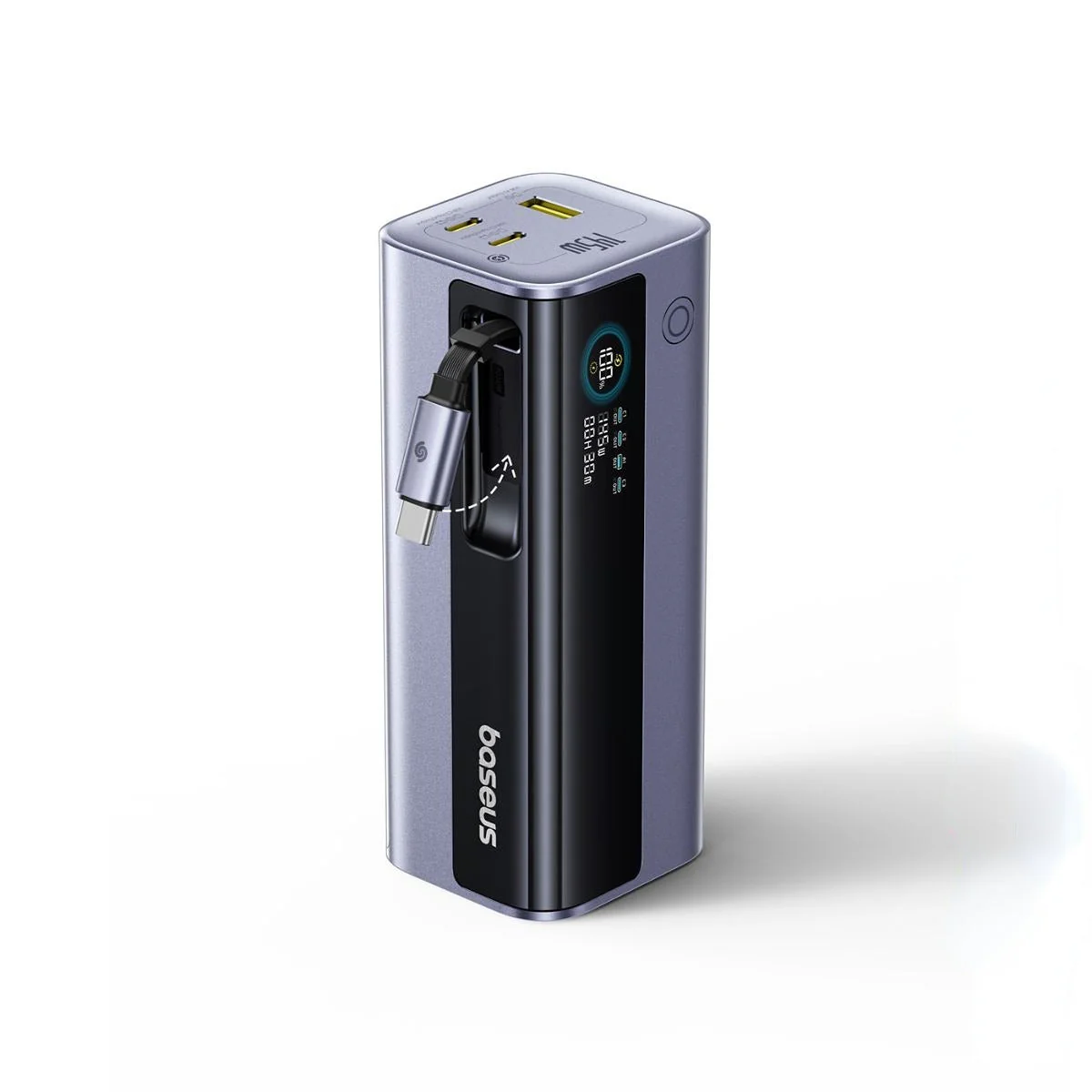 Baterie externa Baseus EnerGeek GR11 20.000 mAh 145W, 2x USB-C, 1x USB-A, cu cablu retractabil, Gri