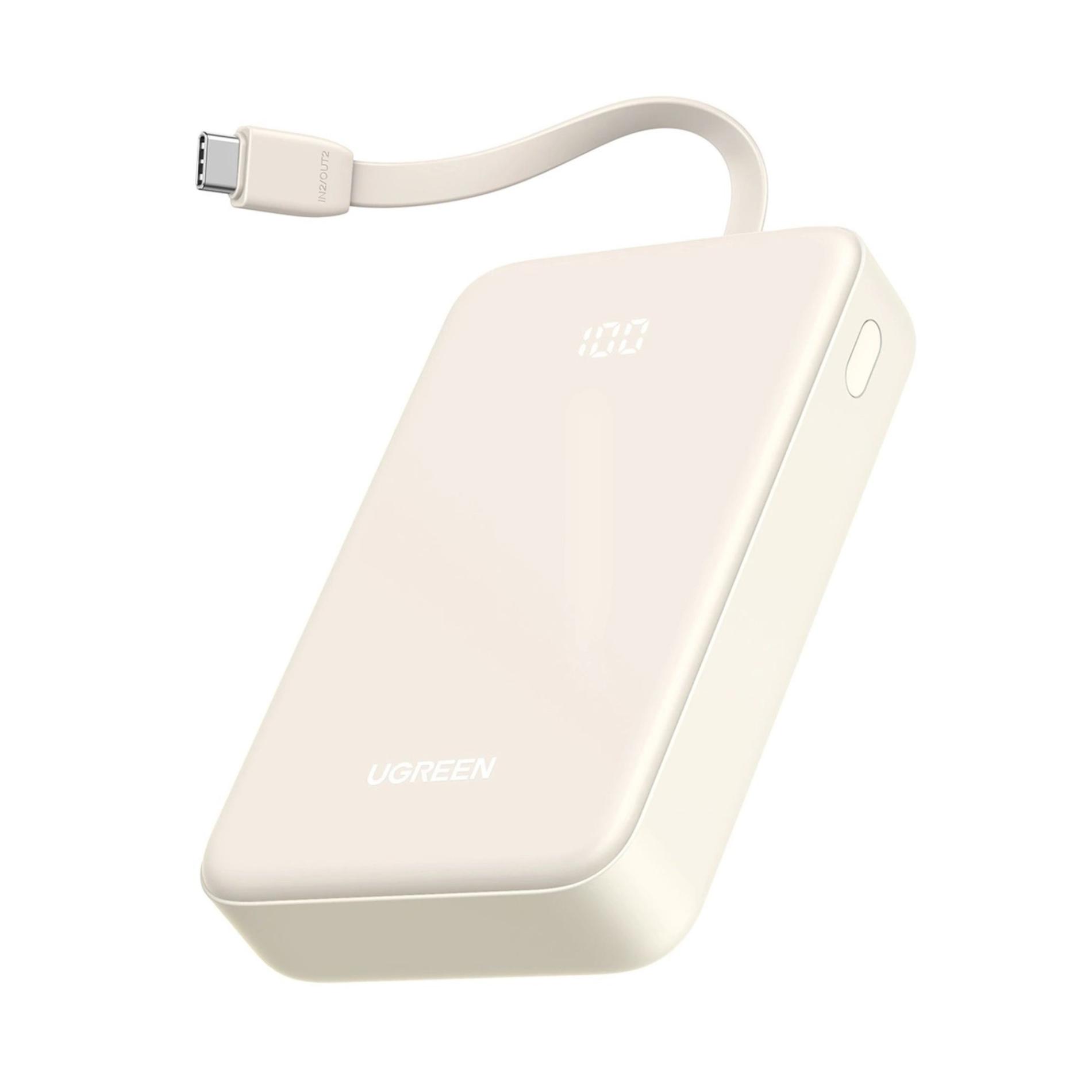 Baterie externa Ugreen 20.000 mAh, 22.5W, USB-C, USB-A, cablu USB-C incorporat, Bej