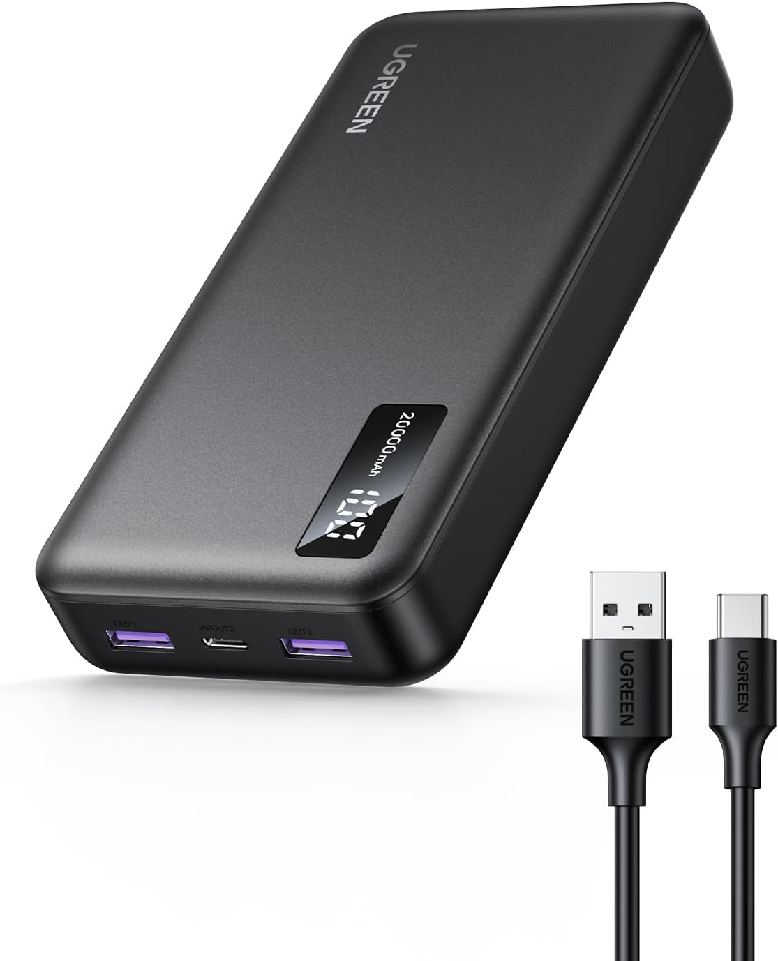 Baterie externa Ugreen 20.000 mAh, 22.5W, USB-C, USB-A, PD 3.0, Digital Display, cablu USB-C la USB-A inclus, Negru
