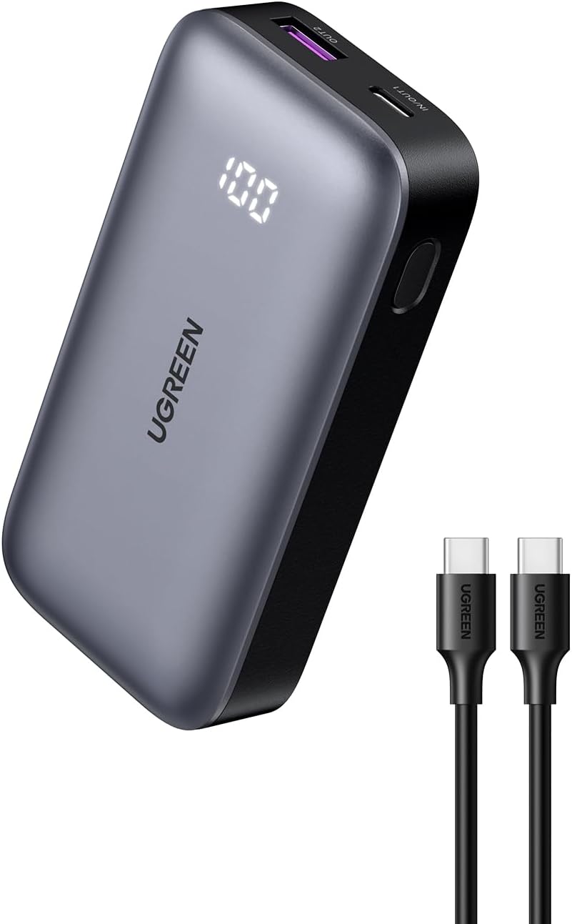 Baterie externa Ugreen Mini 10K mAh, USB-C, USB-A, Digital Display, cablu USB-C inclus, Gri