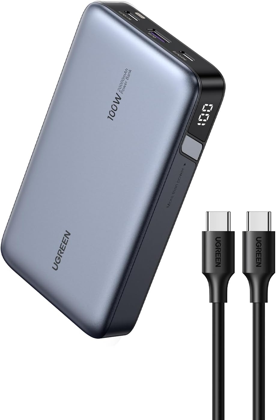 Baterie externa Ugreen Nexode 20.000 mAh, 100W, 2x USB-C, 1x USB-A, Digital display, cablu USB-C inclus, Gri