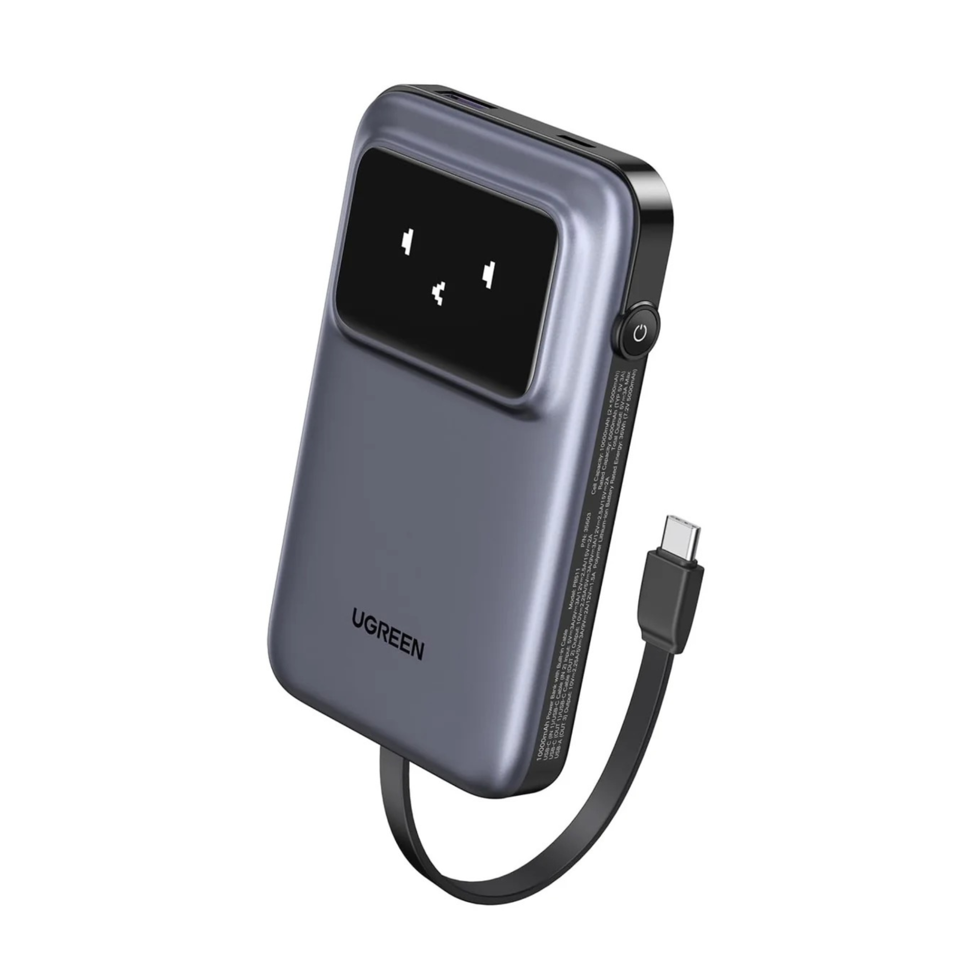 Baterie externa UGREEN Uno 10.000 mAh 30W cablu USB-C incorporat Gri