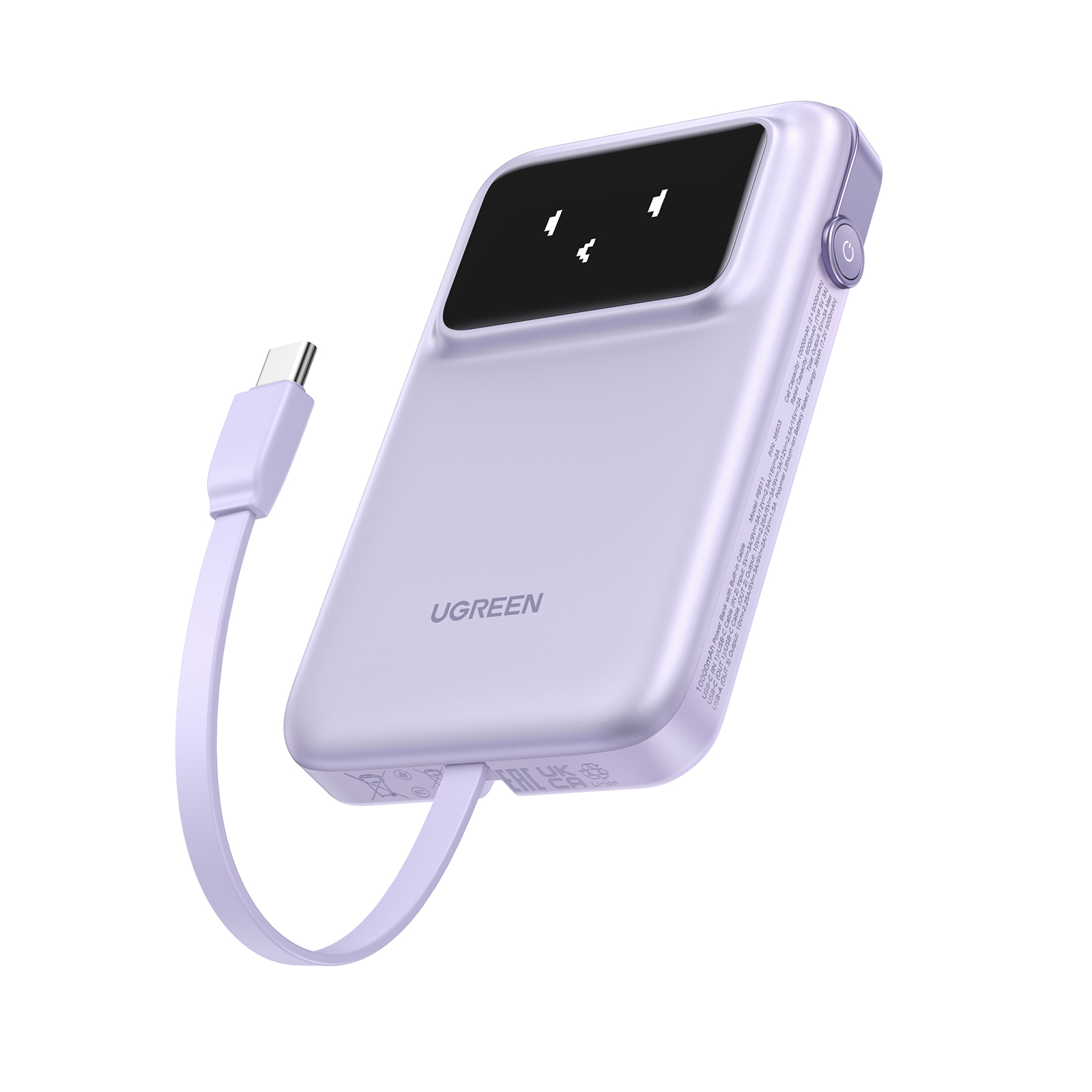 Baterie externa UGREEN Uno 10.000 mAh, 30W, cablu USB-C incorporat, Violet