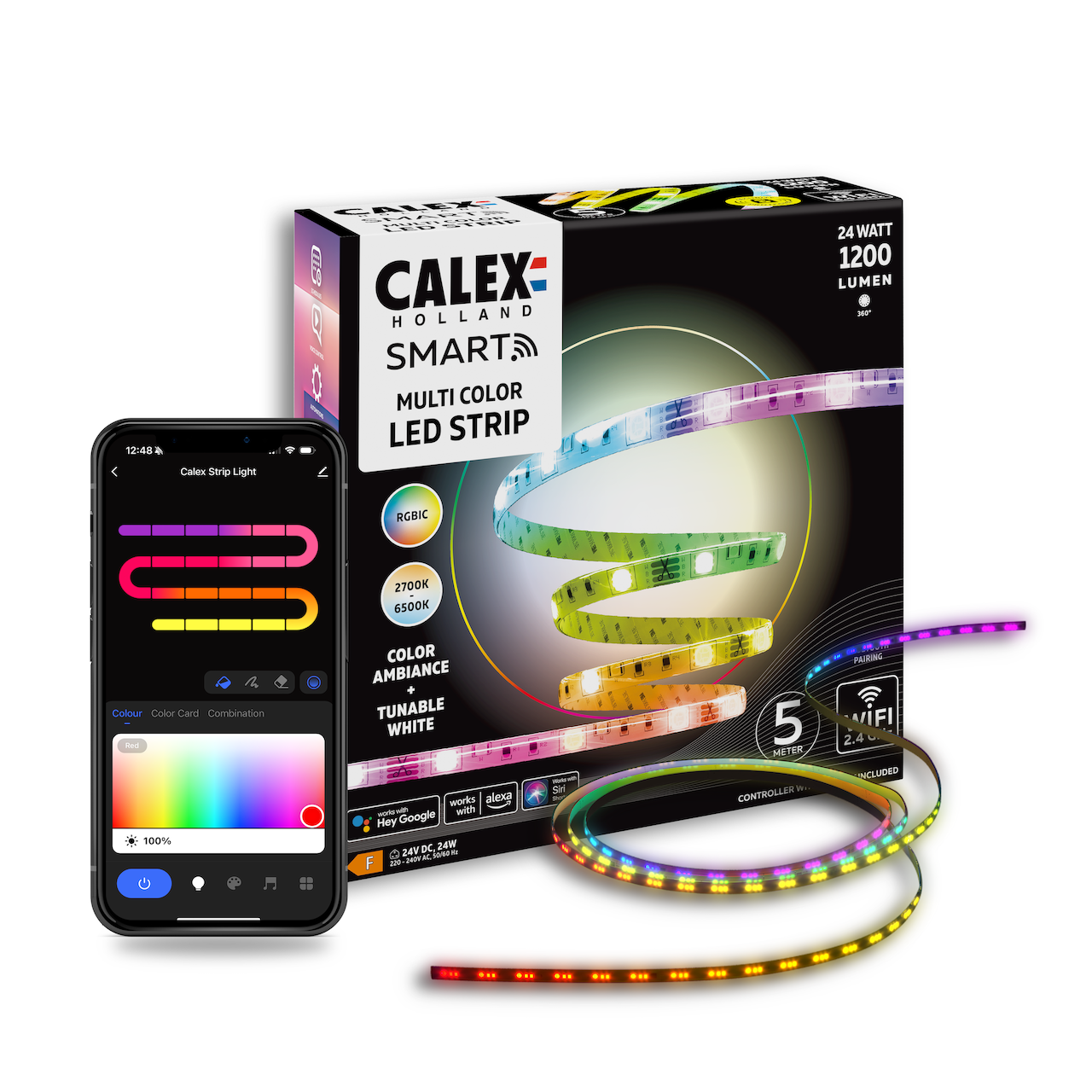 Benzi LED Calex Smart Striplight, RGBIC+CCT, Interior, 1200 Lumeni, 24W, clasa F, 5m