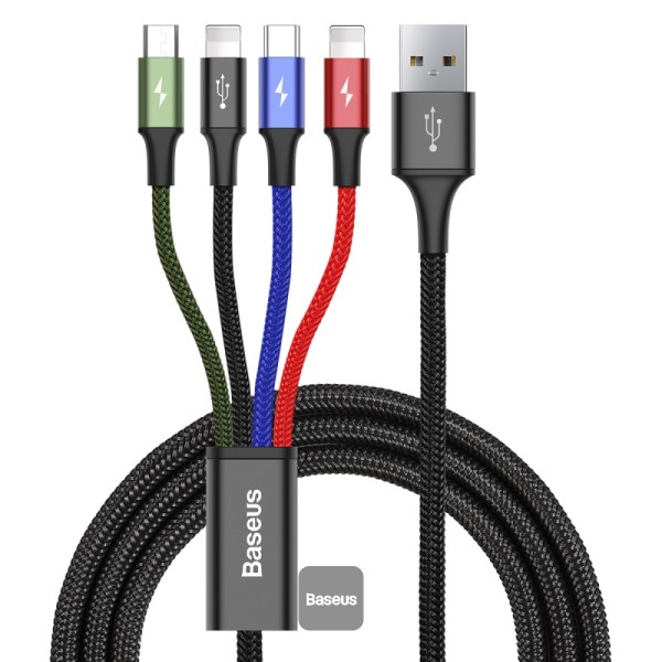 Cablu Baseus Rapid Series 4-in-1 USB la 2x Lightning, 1x USB-C, 1x Micro-USB, 3.5A, 1.2m, Negru