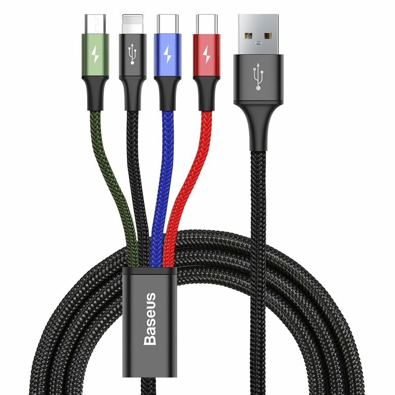 Cablu Baseus 4-in-1 USB la Lightning, 2x USB-C, Micro-USB, 3.5A, 1.2m, Negru