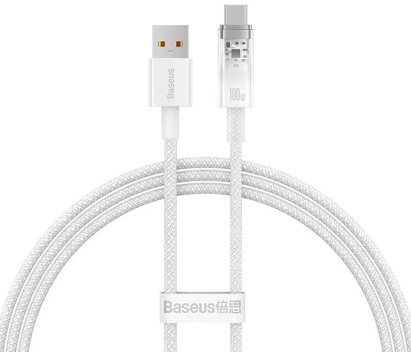 Cablu Baseus Explorer, USB la USB-C, 100W, 6A, Quick Charge, 1m, Alb