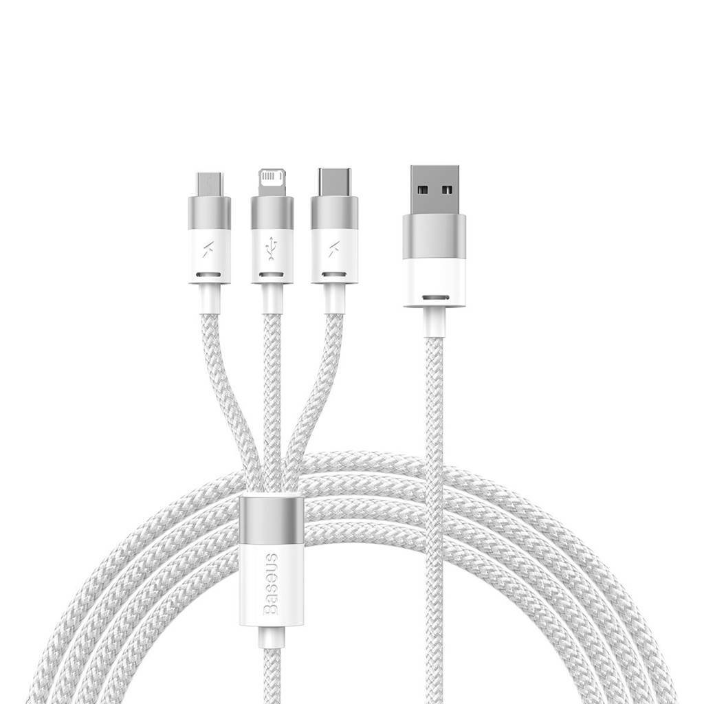 Cablu de date Baseus StarSpeed 3-in-1, Fast Charging, USB-C, Lightning, Micro USB, 3.5A, 1.2 metri, Alb