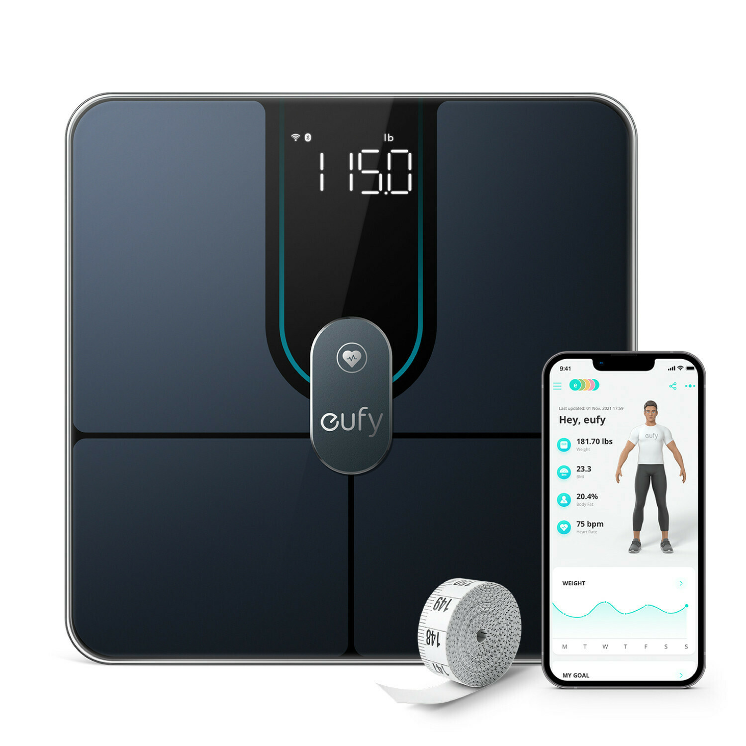 Cantar de baie eufy Smart Scale P2 Pro, Wi-Fi Bluetooth,16 masuratori, Ritm Cardiac, High Accuracy, 3D Virtual Body Mod, Sticla Securizata, Negru