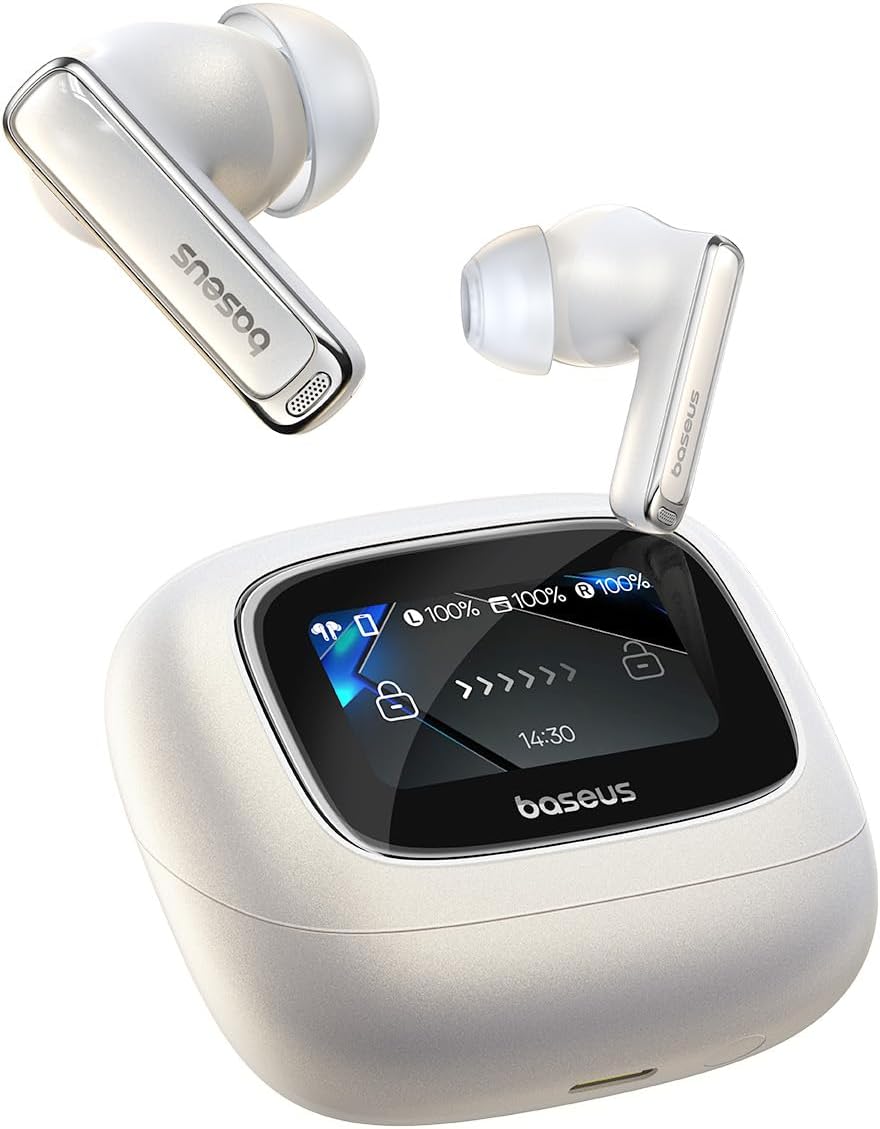 Casti True Wireless Baseus Bowie M2s Ultra, ANC, Smart Touch Display, Bluetooth 5.4, Hi-Res Audio, Alb