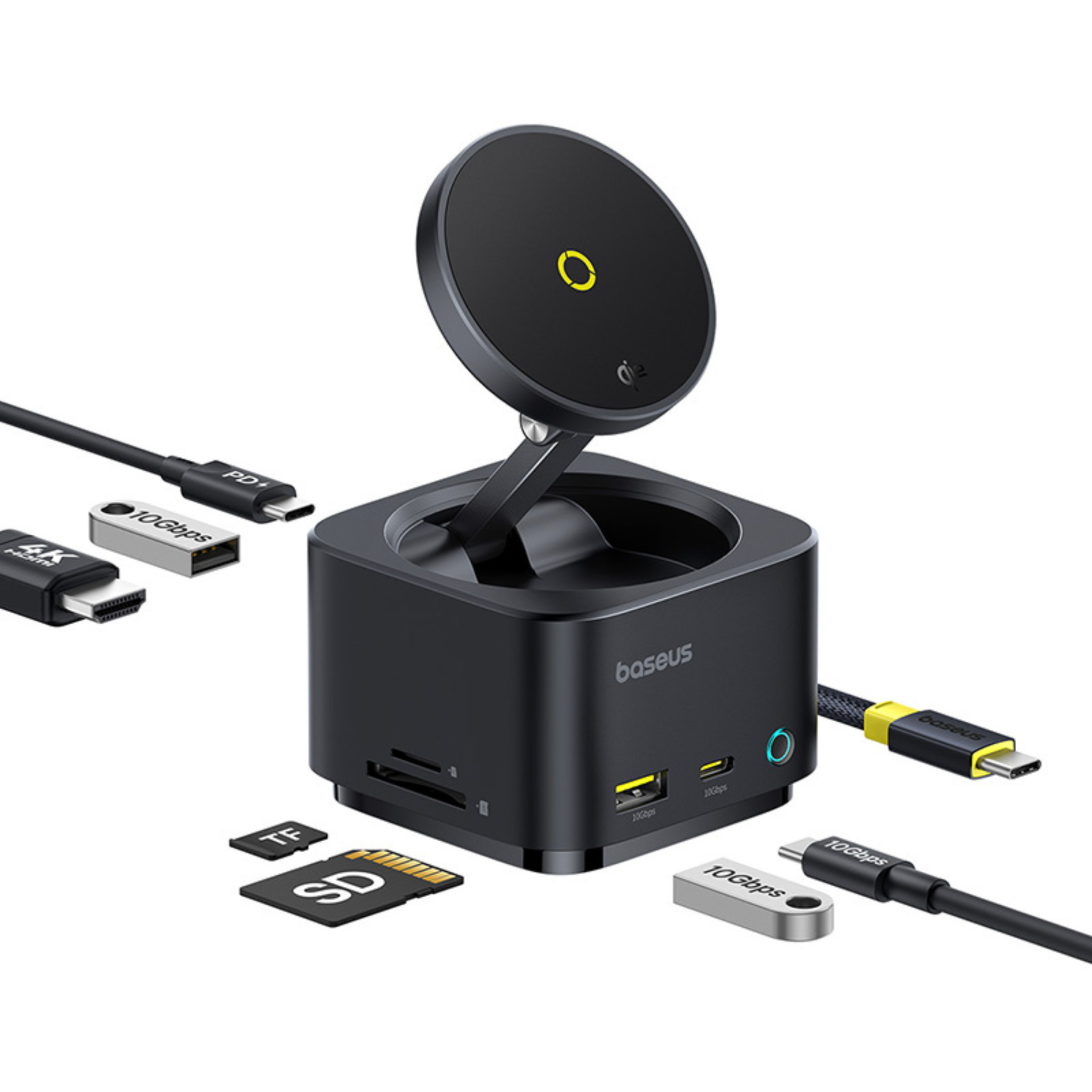 Docking station Baseus MagPro Series 7-in-1, incarcare wireless magnetica 15W, 4K HDMI, 2x USB-A, 1x UBS-C, 1x TF/SD, 1x PD, Negru