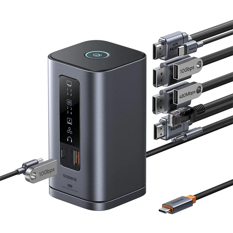 Docking station Baseus Spacemate Series 11-in-1, USB-C la 2x HDMI 4K@60Hz, 2x DP 4K@60Hz, 2x USB-A, 1x USB-C, 1x RJ45, 1x USB-A (480Mbps), 1xUSB-C (PD), 1x 3.5mm Audio, Gri