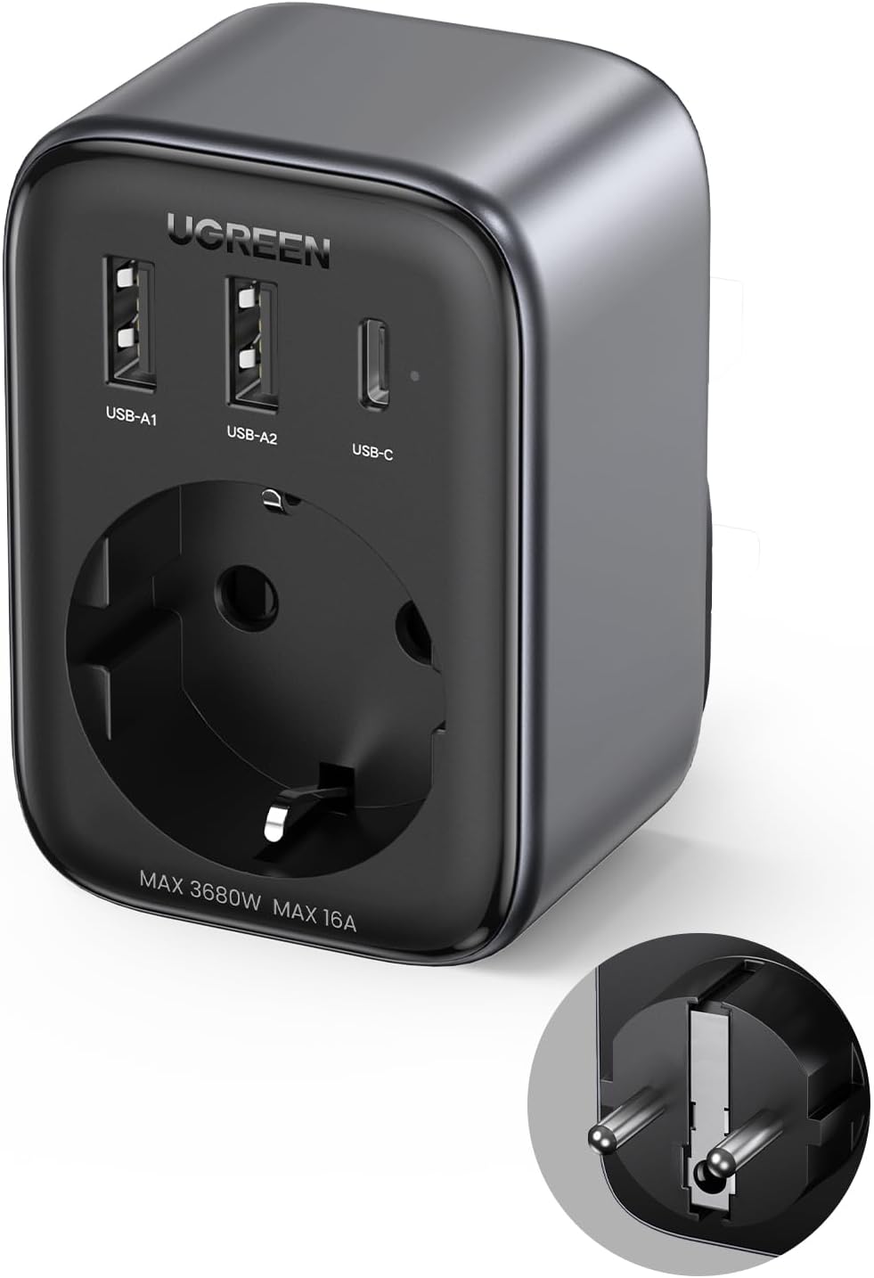Extender priza Ugreen, 220V AC, 3680W, Quick Charger, 2x USB-A, 1x USB-C 30W, Negru