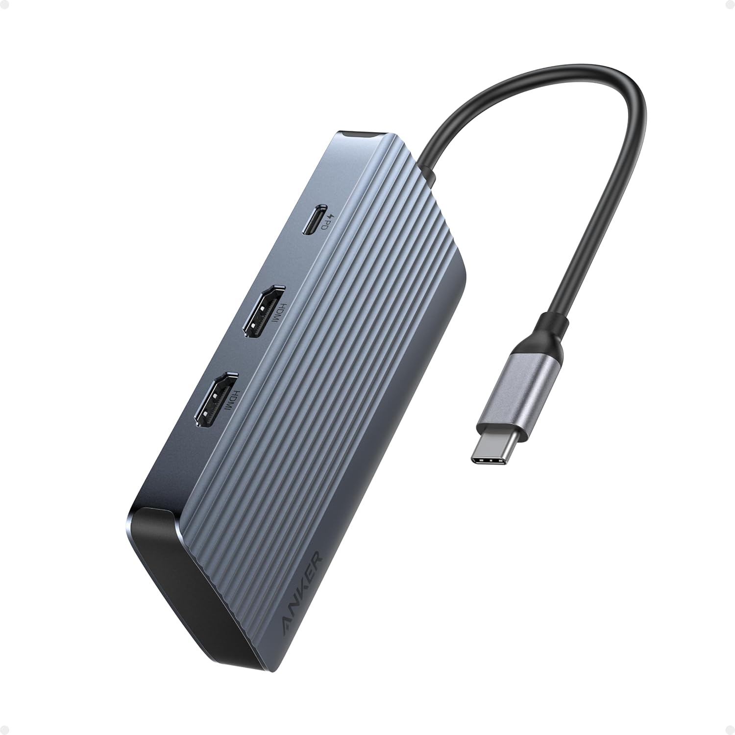 Hub Anker USB-C 7 in 1, Dual Monitor USB-C Docking Station, Dual HDMI Display, 85W Output, Transfer de date de 10Gbps, Gri
