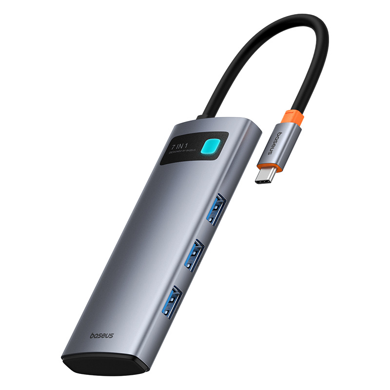 Hub Baseus Metal Gleam 7-in-1 USB-C la HDMI 4K@60Hz, 3x USB3.0, 1x PD, 1x SD/TF, Gri