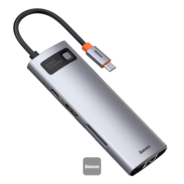 Hub Baseus Metal Gleam 8-in-1 USB-C la HDMI, 3xUSB3.0, 1xPD, 1xRJ45, 1xSD/TF, 1x USB-C PD, Gri
