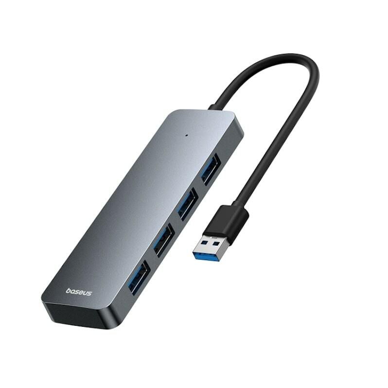 Hub Baseus UltraJoy 4-in-1 Lite, USB-A la 4xUSB-A 3.0, 5Gbps, cu cablu de 15 cm, Gri