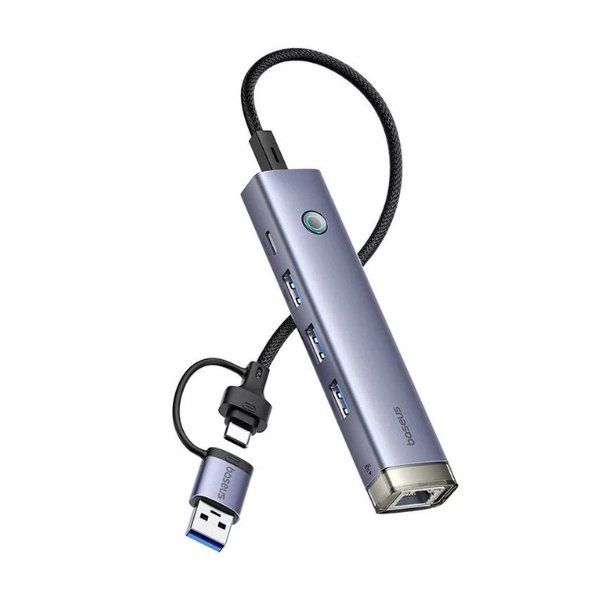 Hub Baseus UltraJoy 4-in-1 USB-A&USB-C la Ethernet RJ45, 3x USB-A, 1x USB-C, Gri