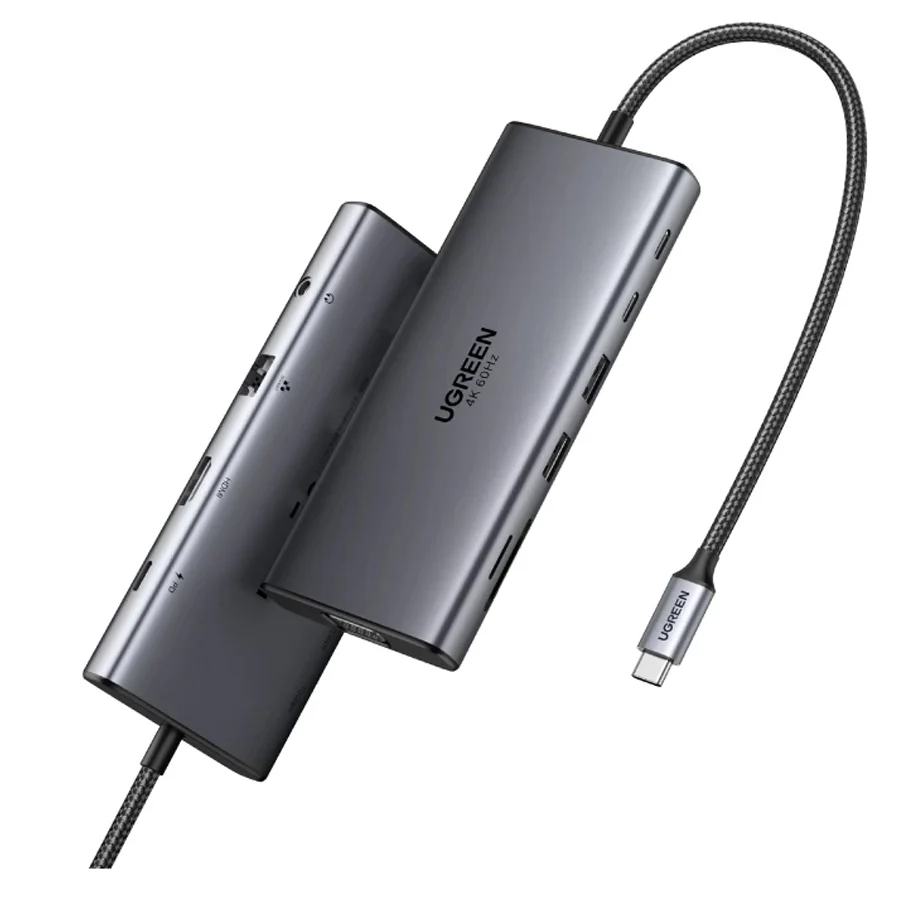 Hub Ugreen 11-in-1 USB-C la 2x USB-A, 3x USB-C, 1x HDMI, 1x VGA, 1x Jack 3.5 mm, 1x RJ45, 1x SD, 1x microSD, Gri