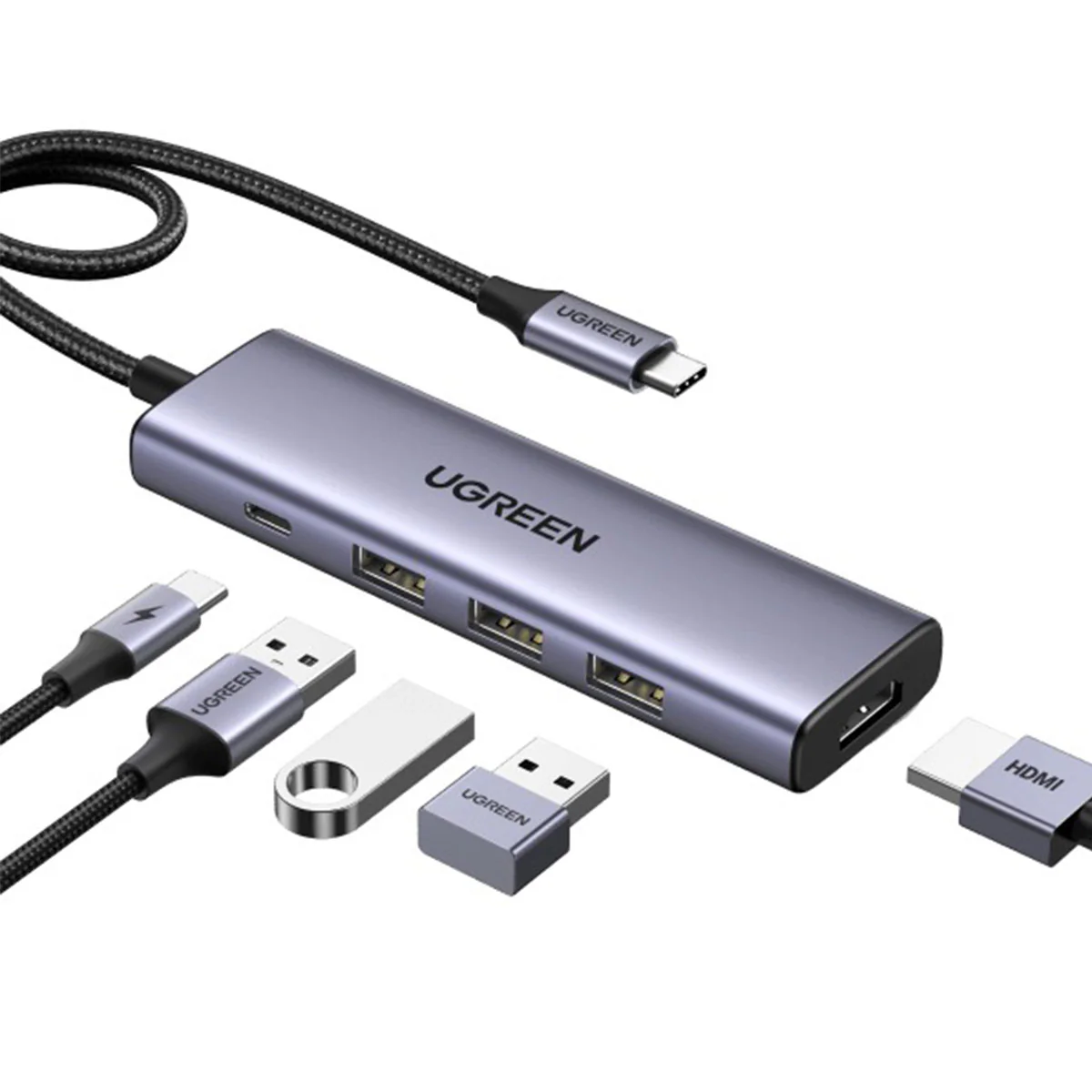Hub Ugreen 5-in-1 3x USB-A, 1x USB-C PD100W, 1x HDMI 4K 30Hz, 5Gbps, Gri