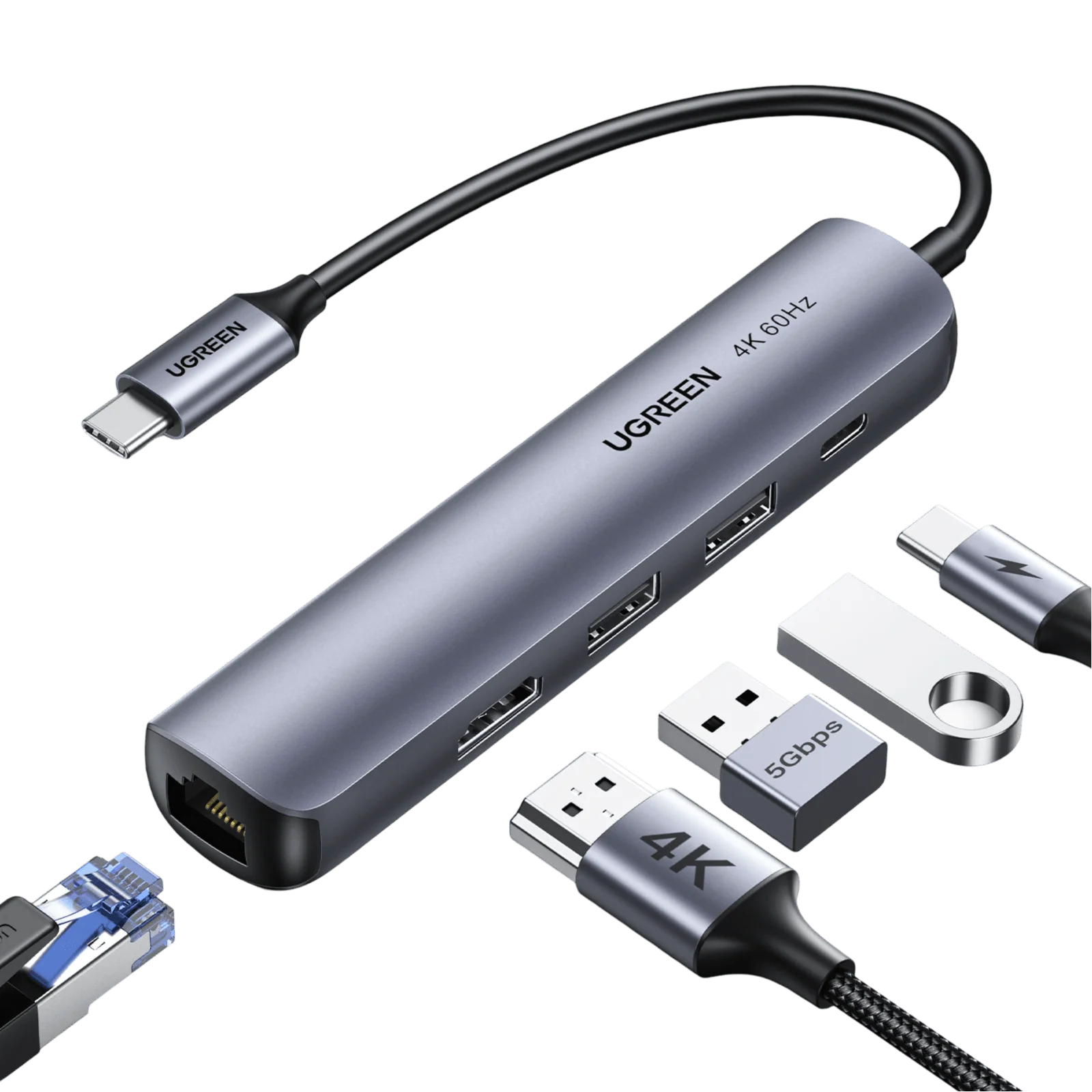 Hub Ugreen 5-in-1 USB-C la 60Hz Ethernet, 4K HDMI, 2x USB-A, USB-C, Gri
