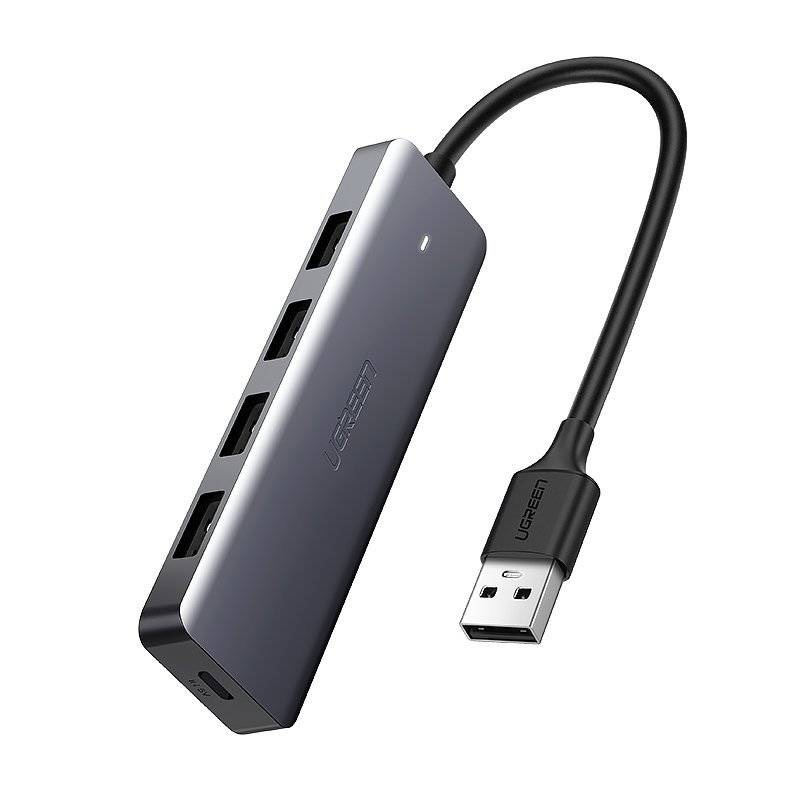 Hub Ugreen 5-in-1, USB-A la 4x USB-A 3.2, microSD, Ultra Slim, Gri
