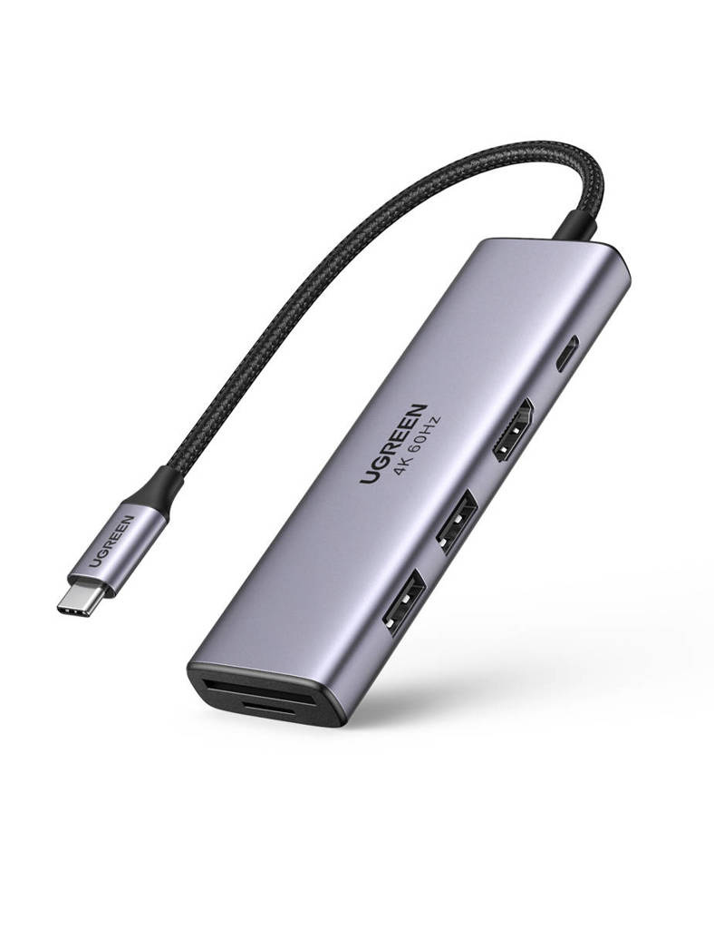 Hub Ugreen 6 in 1 USB-C la 2x USB-A, HDMI, SD/TF, 4K 60Hz, 100W PD, Gri
