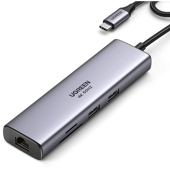 Hub Ugreen 7-in-1 USB-C la 2x USB-A, 4K@30Hz HDMI, RJ45, SD/TF, USB-C, Gri