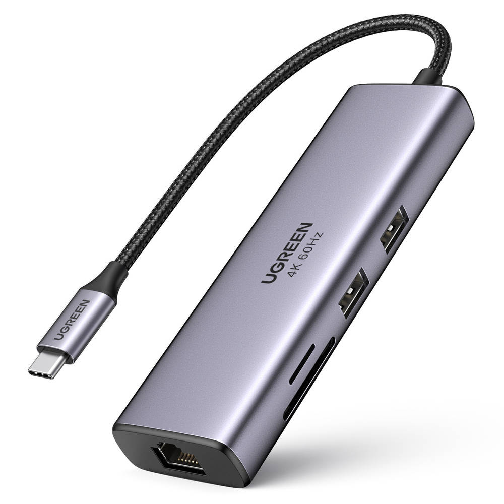 Hub Ugreen 7-in-1 USB-C la 2xUSB 3.2, 1xHDMI 4k 60Hz, SD/TF, USB-C PD 100W, RJ45, Gri