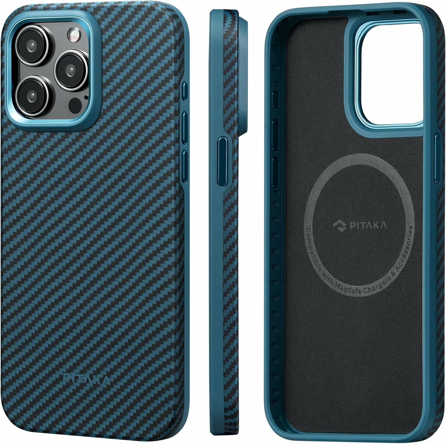 Husa Pitaka MagEZ Pro 4, Aramida 1500D, pentru iPhone 15 Pro Max, MagSafe, Negru/Albastru
