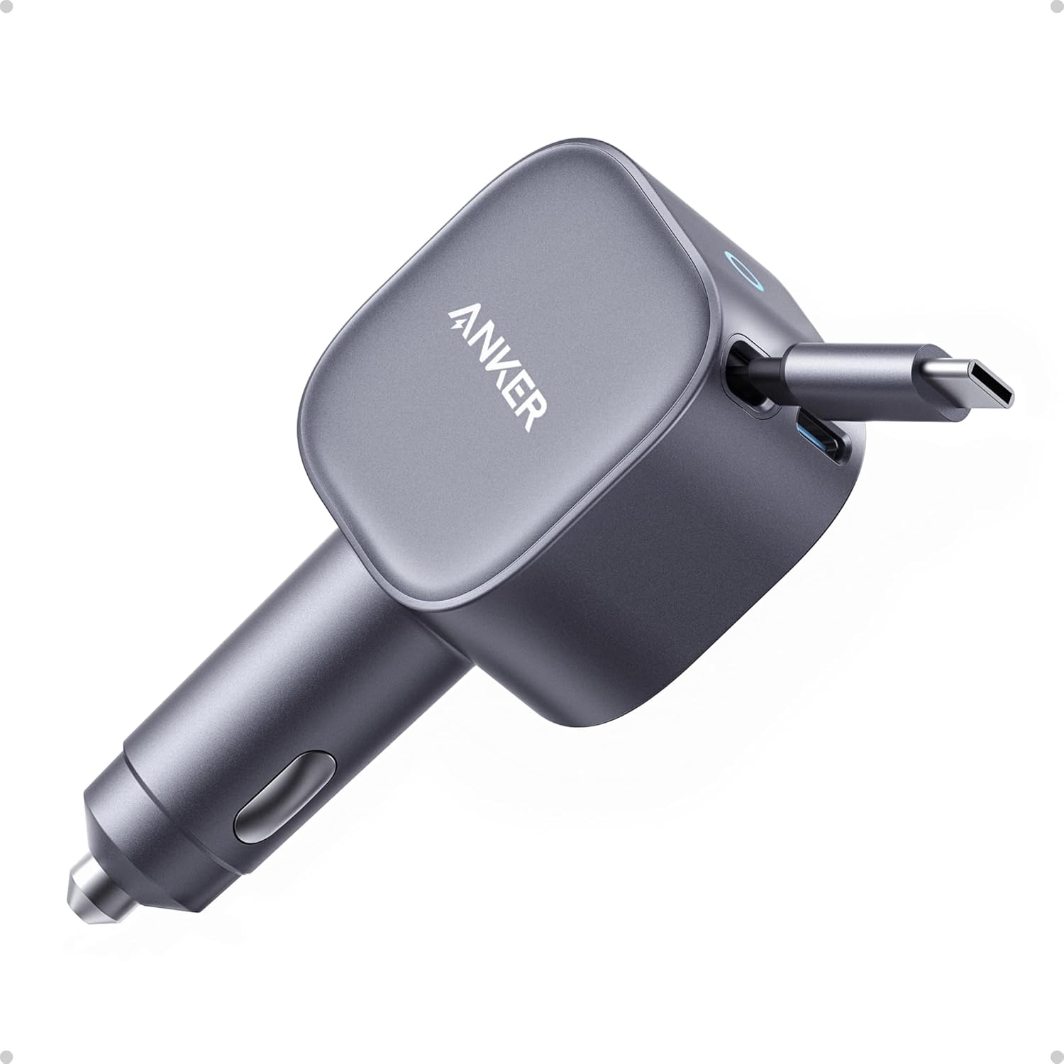 Incarcator auto Anker Nano 75W, cu cablu USB-C retractabil, Negru