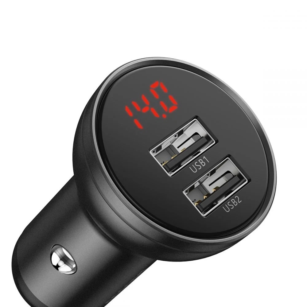 Incarcator auto Baseus Display, 2x USB, 4.8A, 24W, Gri