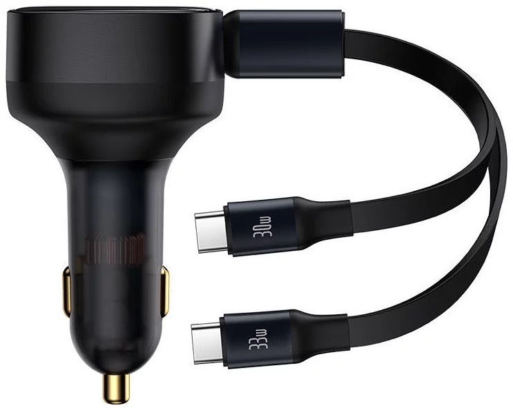 Incarcator auto Baseus Enjoyment, 33W, cu cablu retractabil 2xUSB-C, Negru