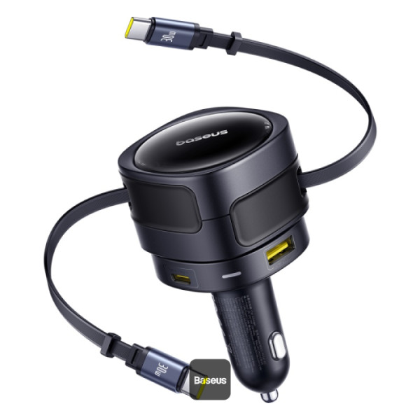 Incarcator auto Baseus Enjoyment Max QC 90W 1x USB-C, 1x USB-A, cablu retractabil USB-C, Negru
