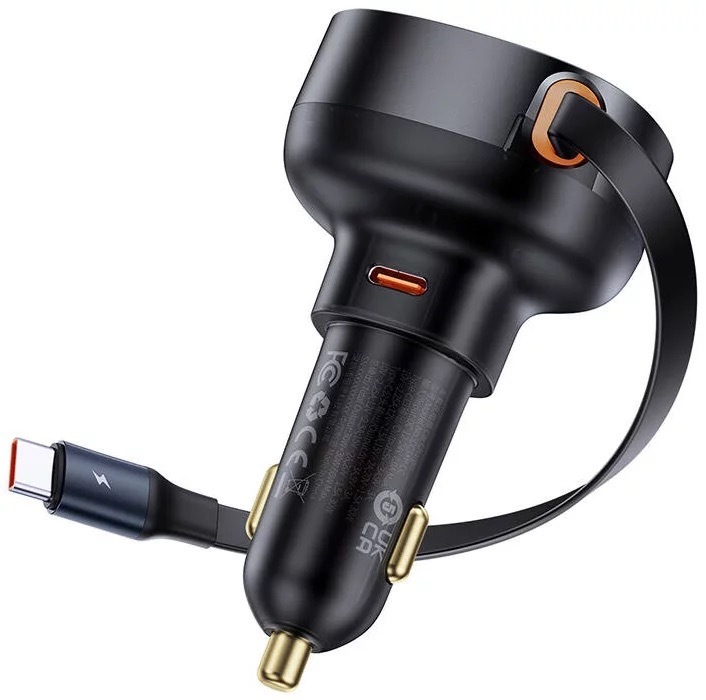 Incarcator auto Baseus Enjoyment Pro, 60W, cu cablu retractabil USB-C, Negru