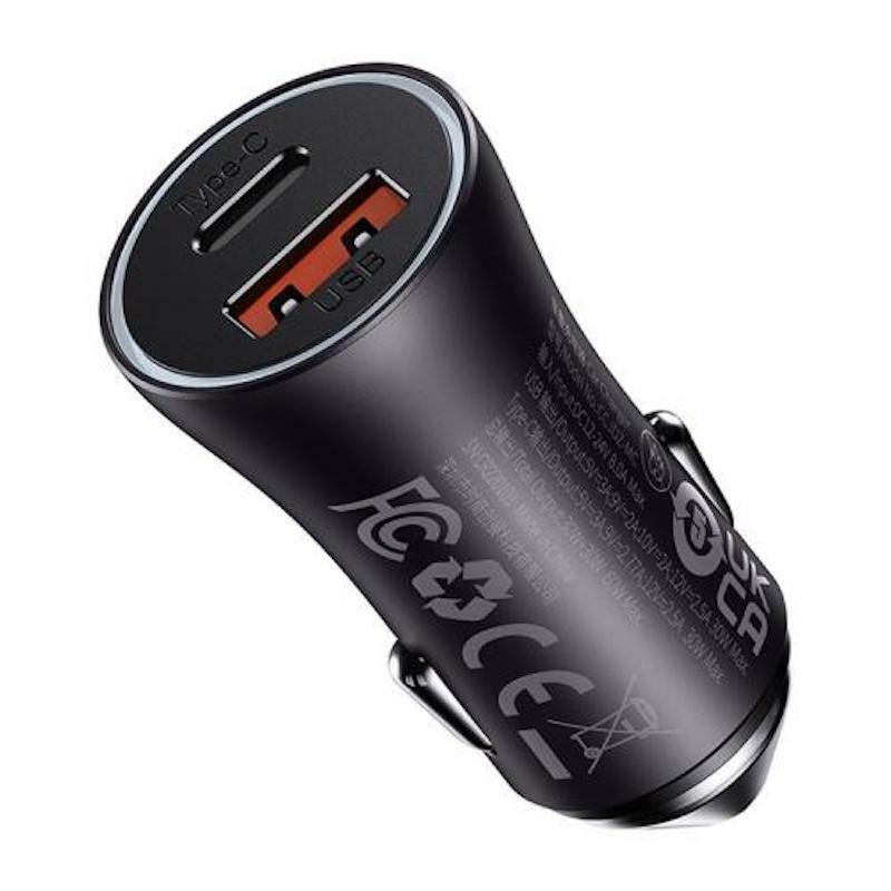 Incarcator auto Baseus Golden Contactor Max Dual, Incarcare rapida, USB-A, USB-C, 60W, Gri