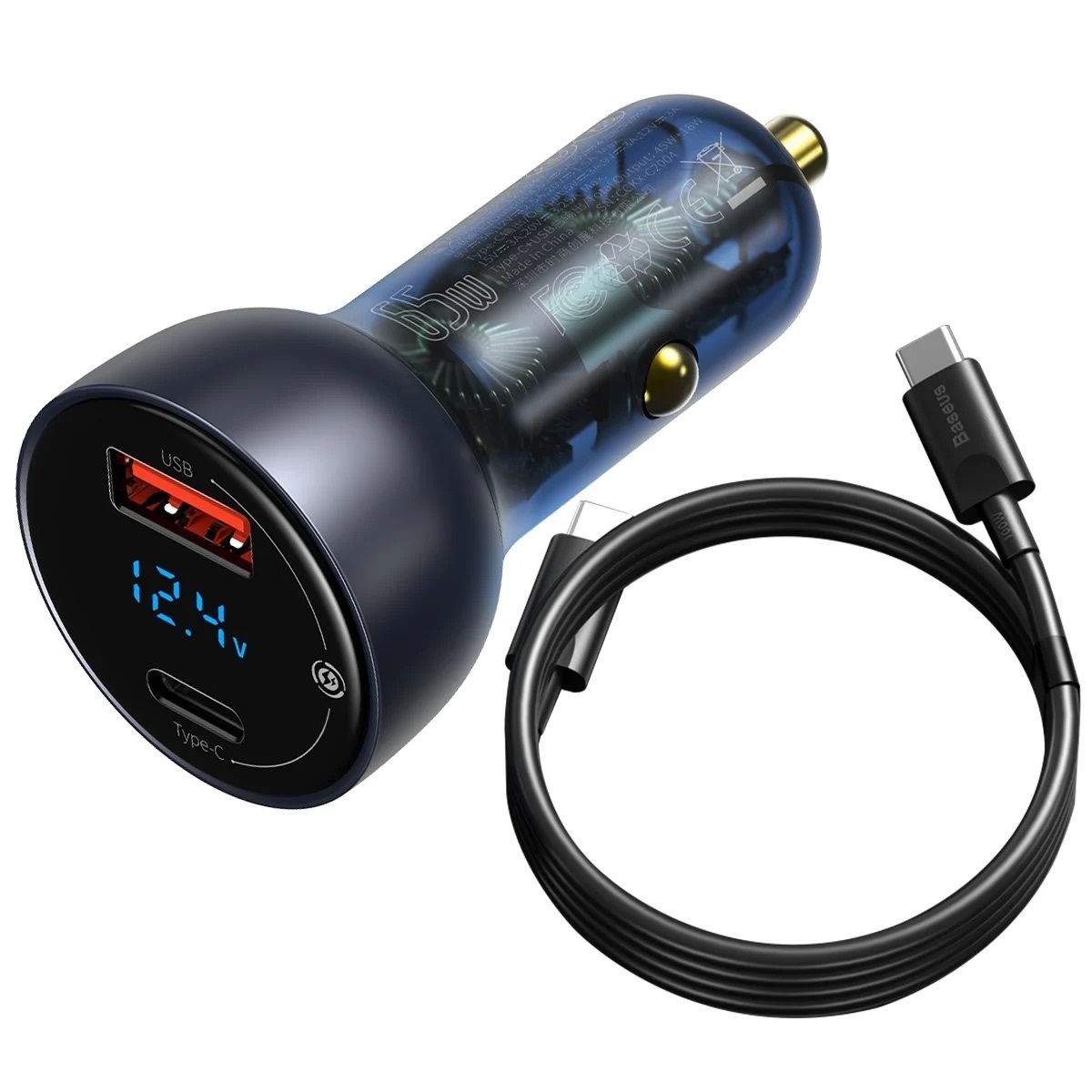 Incarcator auto Baseus Particular Digital Display QC+PPS, Dual, 65W, cablu USB-C inclus, Gri