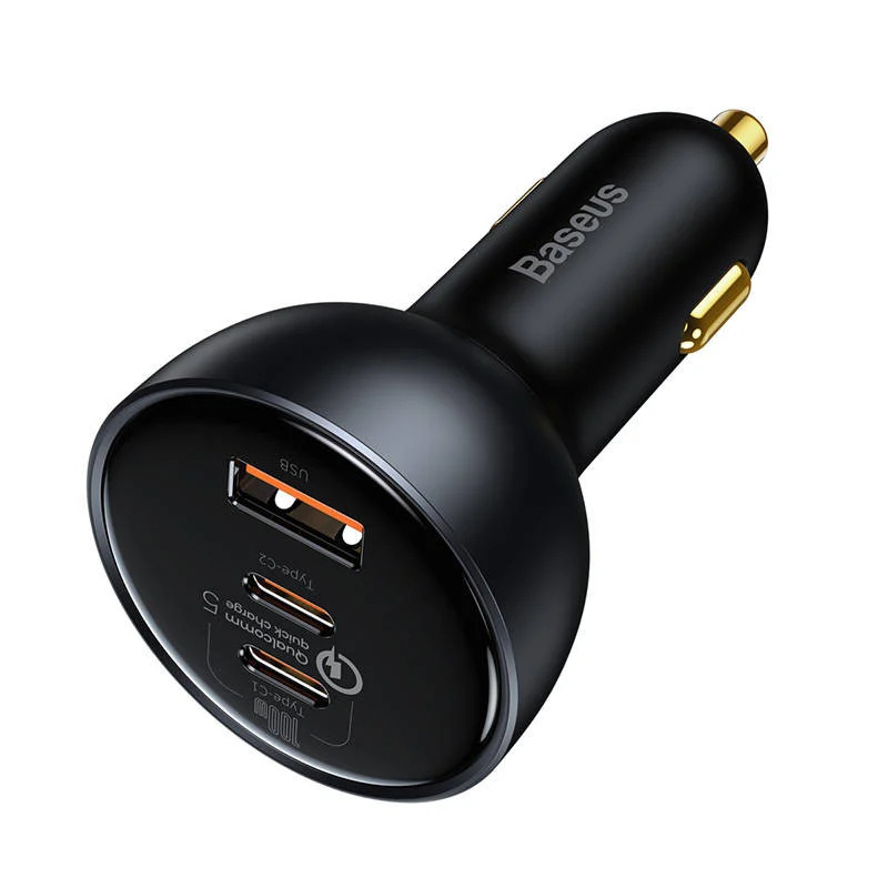 Incarcator auto Baseus Qualcomm® Quick Charge™5 Multi-Port Fast Charger, 3A, 160W, 2x USB-C, 1x USB-A, cablu USB-C inclus, Gri