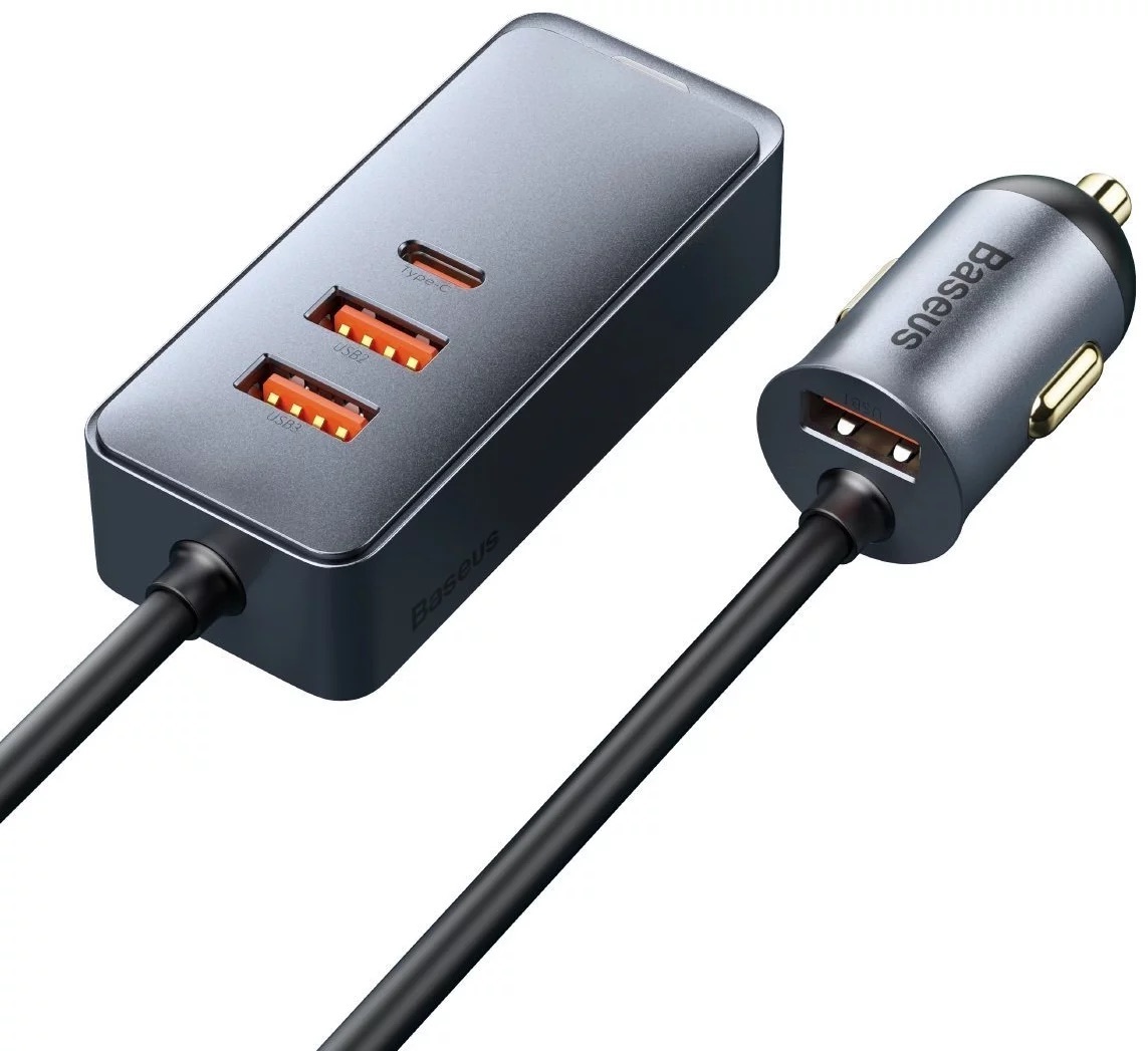 Incarcator auto Baseus Share Together, cu prelungitor, 3x USB-A, 1x USB-C, Gri
