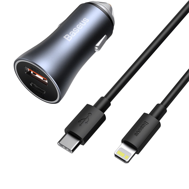 Incarcator auto Baseus Golden Contactor Pro 40W, USB-C, USB-A, cu cablu USB-C la Lightning, Negru