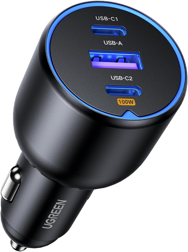 Incarcator auto Ugreen 130W, 2x USB-C, 1x USB-A, cablu USB-C inclus, Negru